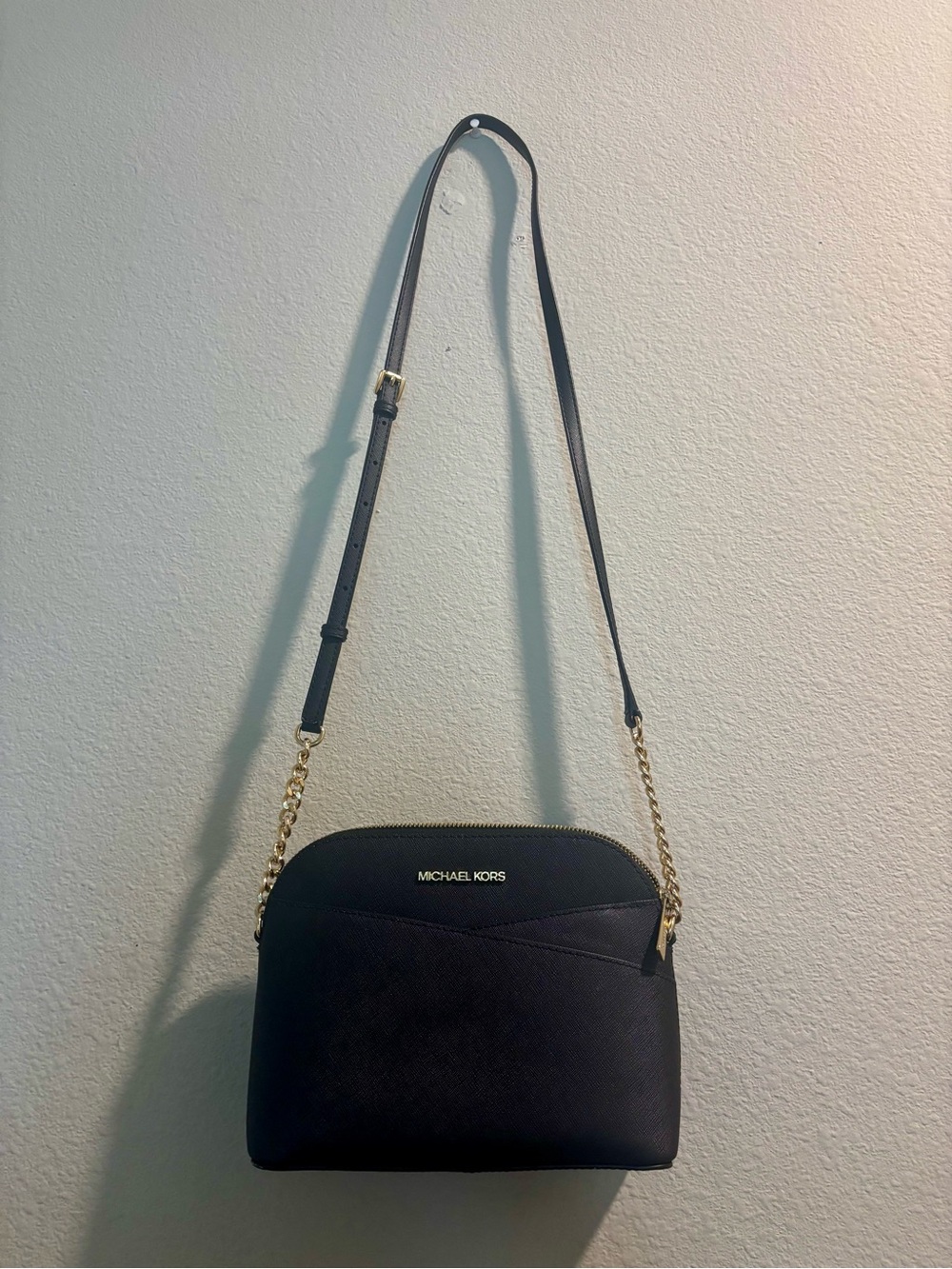Michael Kors Black Saffiano Dome Crossbody with Gold Chain